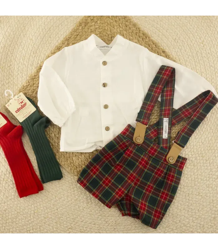 Conjunto pololo bebé niño verde Galerna 100% algodón cuadros con tirantes