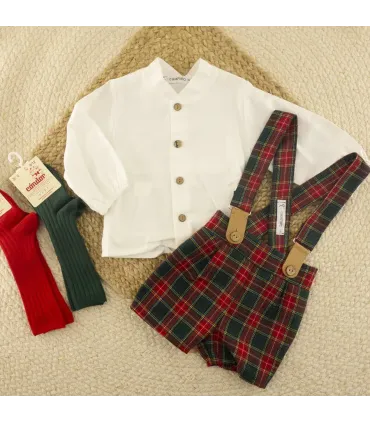 Conjunto pololo bebé niño verde Galerna 100% algodón cuadros con tirantes