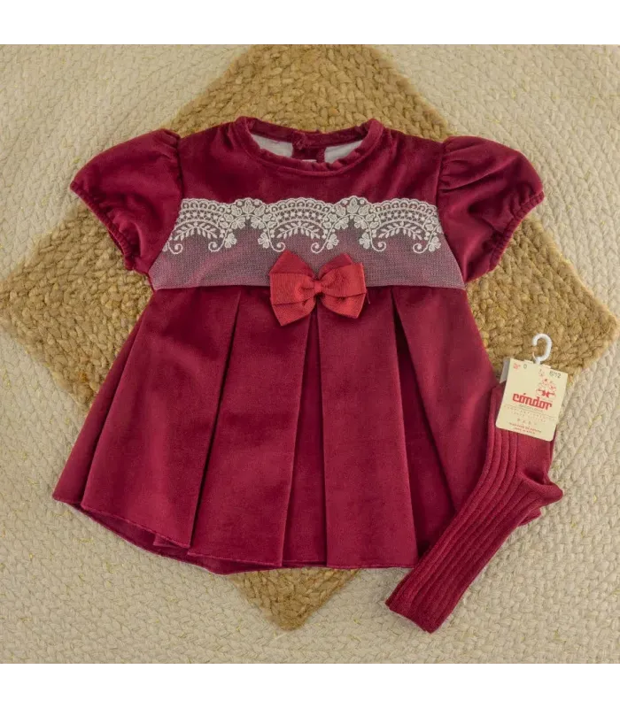 Vestido niña granate Navidad Jaloque con lazo y detalles de encaje