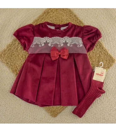 Vestido niña granate Navidad Jaloque con lazo y detalles de encaje