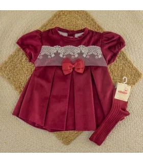 Vestido niña granate Navidad Jaloque con lazo y detalles de encaje