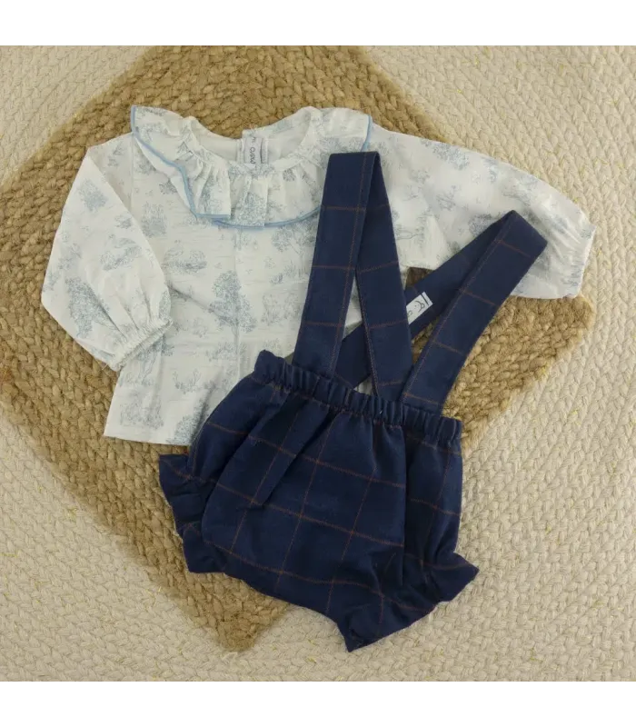 Conjunto pololo niña azul Levante 100% algodón blusa estampada y pololo cuadros