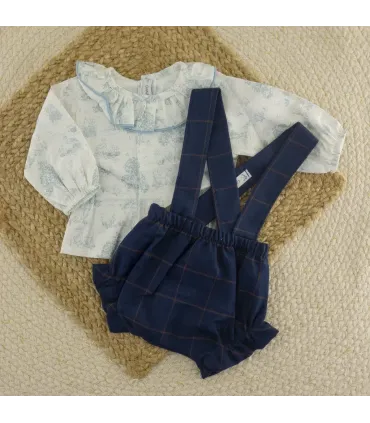 Conjunto pololo niña azul Levante 100% algodón blusa estampada y pololo cuadros
