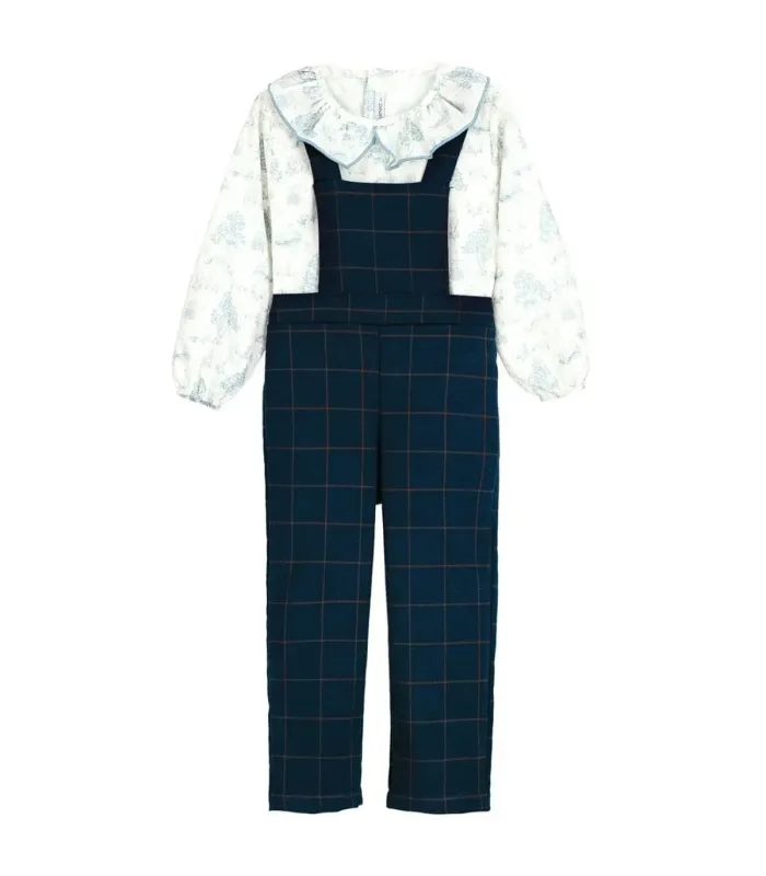 Peto niña azul marino cuadros Levante con blusa estampada y cuello volante