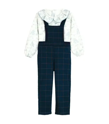 Peto niña azul marino cuadros Levante con blusa estampada y cuello volante