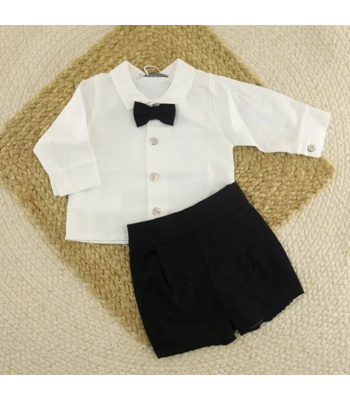 Conjunto pantalón bebé negro Alisio camisa blanca con pajarita y pantalón