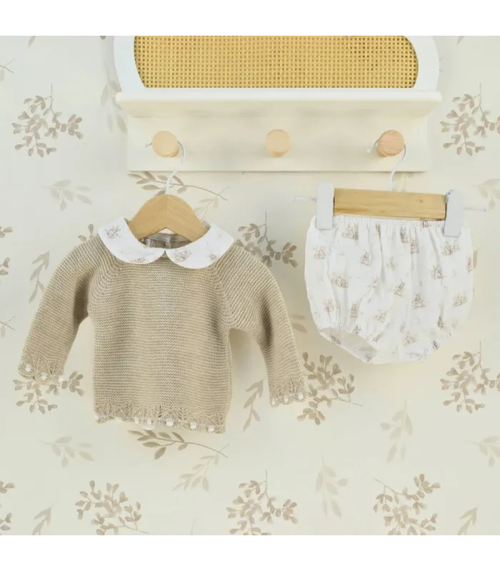 Conjunto pololo bebé conejitos piedra con jersey de punto y pololo de algodón