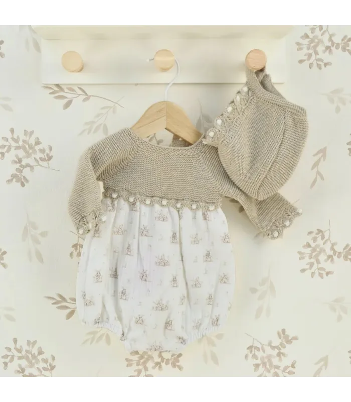 Peto bebé conejitos piedra de punto con camisa estampada de algodón