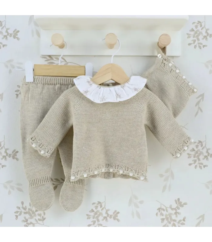 Conjunto polaina bebé conejitos piedra de punto con jersey y cuello estampado