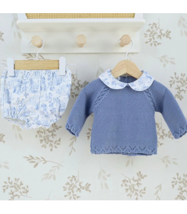 Conjunto bebé porcelana azul con jersey de punto y pololo estampado de algodón