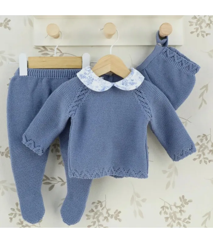 Conjunto polaina bebé porcelana azul con jersey de punto y polaina a juego