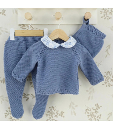 Conjunto polaina bebé porcelana azul con jersey de punto y polaina a juego
