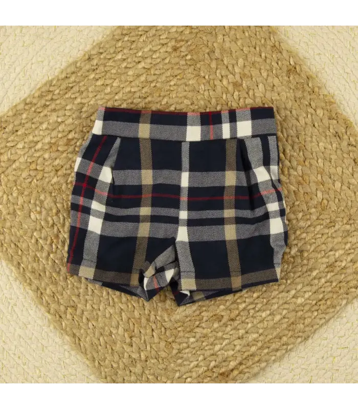 Pantalón corto marino escocés Calamaro para niño con cuadros beige, blancos y rojos