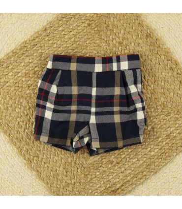 Pantalón corto marino escocés Calamaro para niño con cuadros beige, blancos y rojos