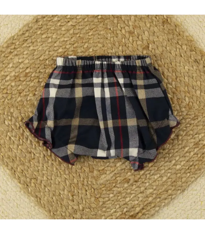 Braguita con volante marino escocés Calamaro para niña con estampado de cuadros beige, blancos y rojos