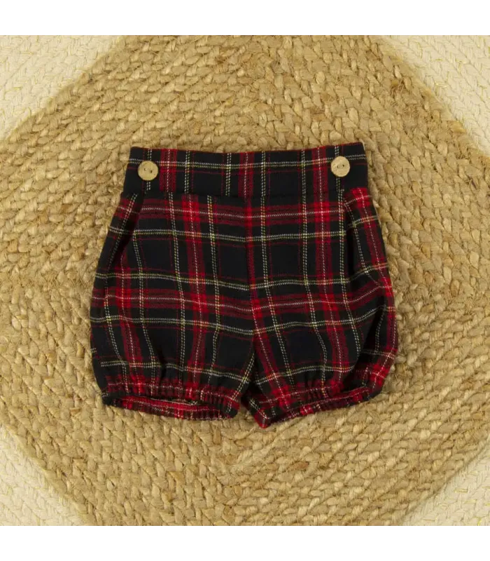 Pantalón corto de niño rojo escocés con botones de madera Calamaro, estampado de cuadros para Navidad y eventos