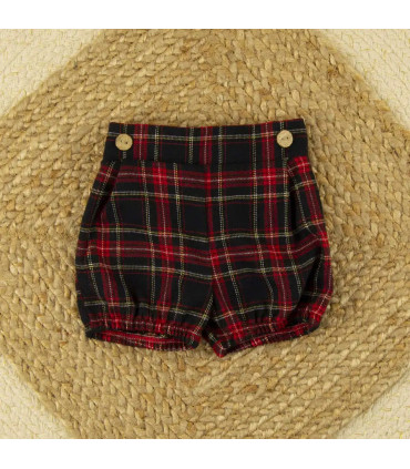 Pantalón corto de niño rojo escocés con botones de madera Calamaro, estampado de cuadros para Navidad y eventos