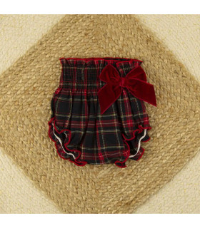 Braguita roja escocesa con lazo granate Calamaro para niña, estampado de cuadros rojos y negros con volante decorativo