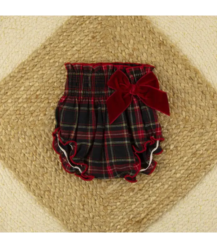 Braguita roja escocesa con lazo granate Calamaro para niña, estampado de cuadros rojos y negros con volante decorativo