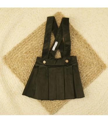 Falda verde con tirantes Calamaro para niña, de pana con tablas delanteras y botones decorativos de madera