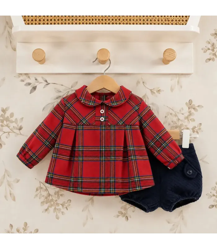 CONJUNTO BEBE NAVIDAD NIÑO CAMISA CUADROS ROJA Y PANTALON CORTO MARINO