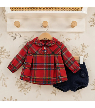 CONJUNTO BEBE NAVIDAD NIÑO CAMISA CUADROS ROJA Y PANTALON CORTO MARINO