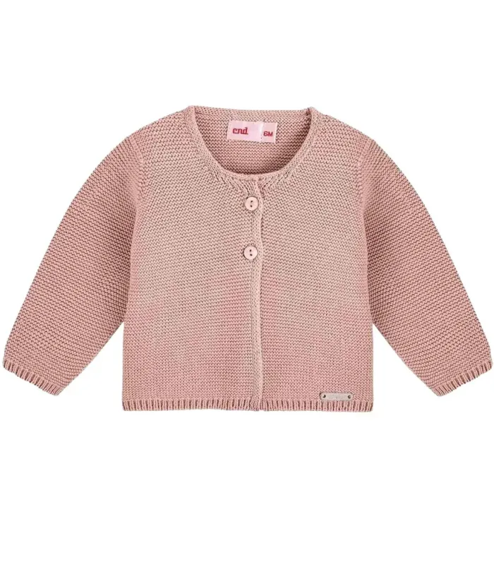Chaqueta larga Cóndor Rosa Empolvado 544 de punto bobo con botones delanteros. Fondo blanco.