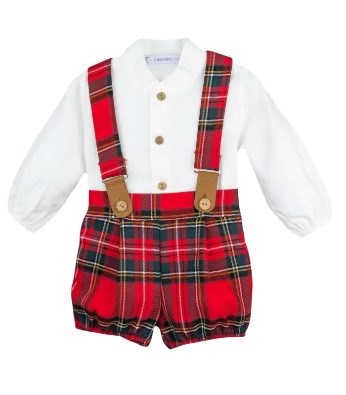 Conjunto bebé Bidasoa Calamaro de cuadros escoceses rojos. Fondo blanco.