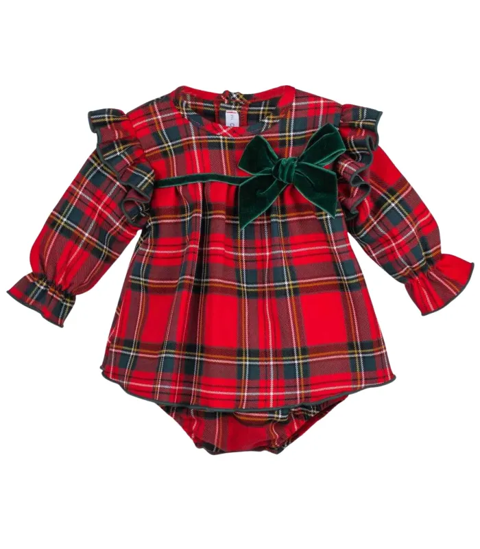 Vestido bebé Calamaro de cuadros escoceses rojos con lazo verde. Fondo blanco.