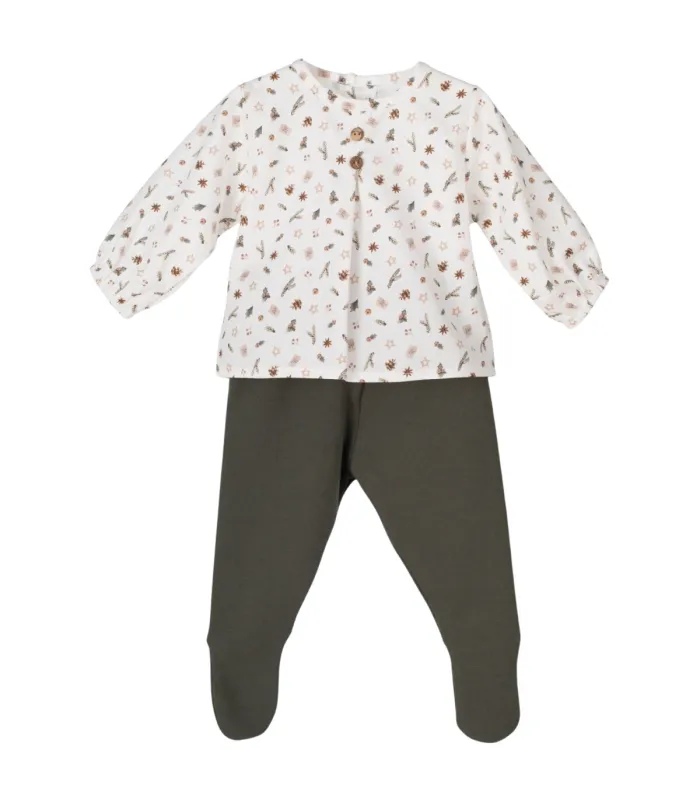 Conjunto bebé Calamaro navideño con camisa estampada y polaina verde. Fondo blanco.