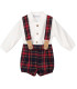 Conjunto bebé con camisa blanca y pantalón de cuadros escoceses. Fondo blanco.