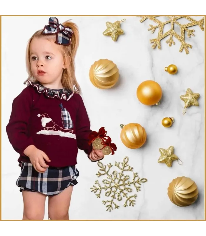 Conjunto navideño granate para bebé con jersey de Papá Noel y pololo de cuadros Calamaro