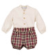 Conjunto de bebé Calamaro de camisa blanca y pantalón bombacho de cuadros granates. Fondo blanco.