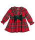 Vestido de cuadros rojos Calamaro con lazo verde para niña. Fondo blanco.