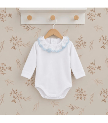 Body Puncala Celeste Calamaro de manga larga con cuello redondo fruncido y puntilla decorativa en azul celeste.