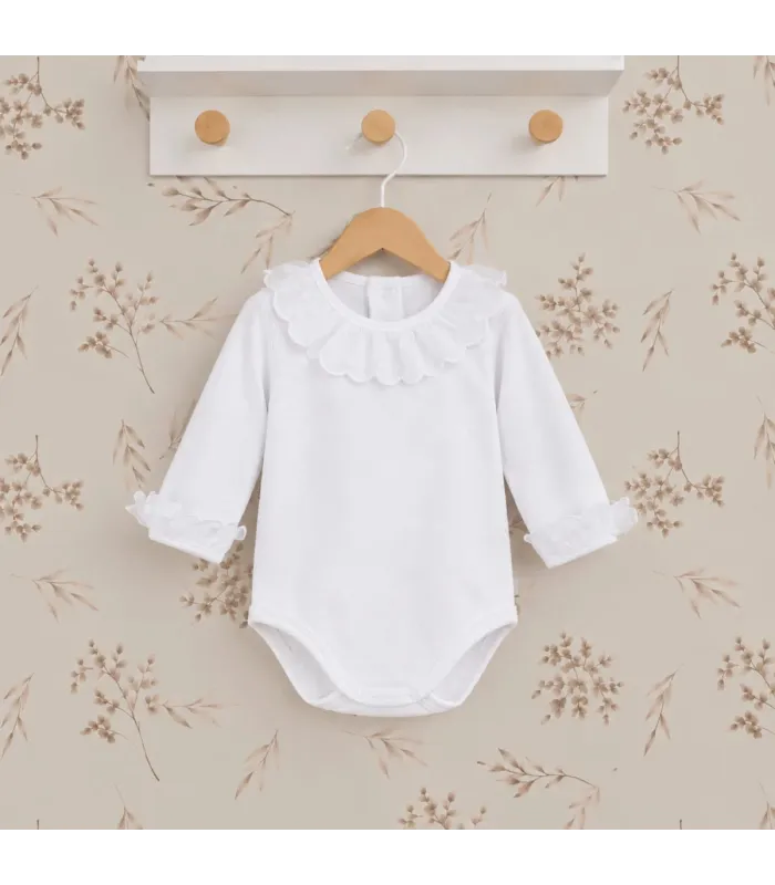 Body Punbig Man Blanco Calamaro de manga larga con cuello redondo fruncido y delicado acabado decorativo.