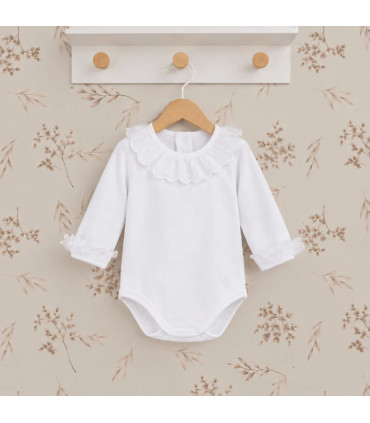 Body Punbig Man Blanco Calamaro de manga larga con cuello redondo fruncido y delicado acabado decorativo.