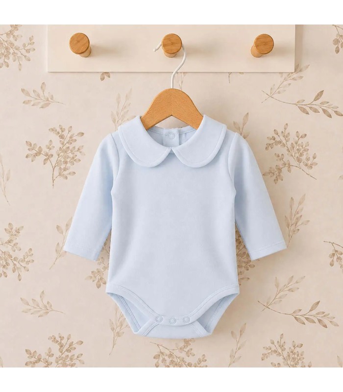 body bebé azul cuello clásico manga larga algodón elastano elegante cómodo