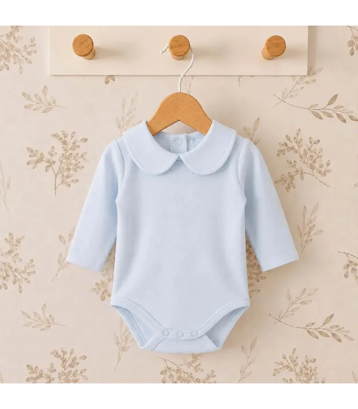 body bebé azul cuello clásico manga larga algodón elastano elegante cómodo