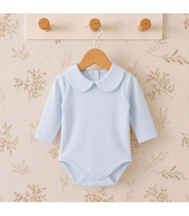 body bebé azul cuello clásico manga larga algodón elastano elegante cómodo