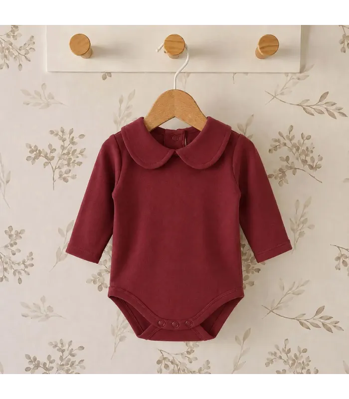 body bebé granate cuello clásico manga larga algodón elastano elegante cómodo