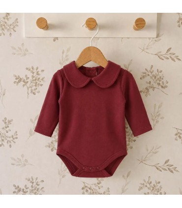 body bebé granate cuello clásico manga larga algodón elastano elegante cómodo