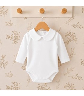 body bebé blanco cuello clásico manga larga algodón elastano elegante cómodo