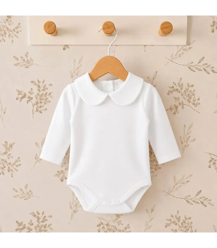 body bebé blanco cuello clásico manga larga algodón elastano elegante cómodo