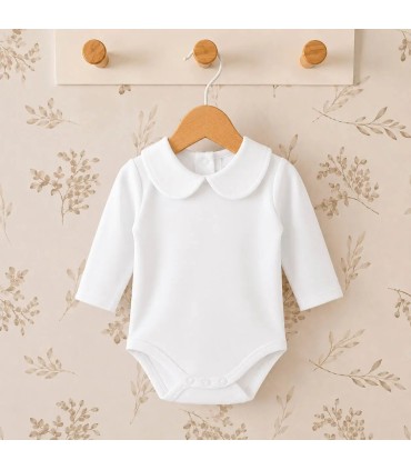 body bebé blanco cuello clásico manga larga algodón elastano elegante cómodo