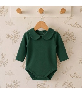 body bebé verde cuello clásico manga larga algodón elastano elegante cómodo