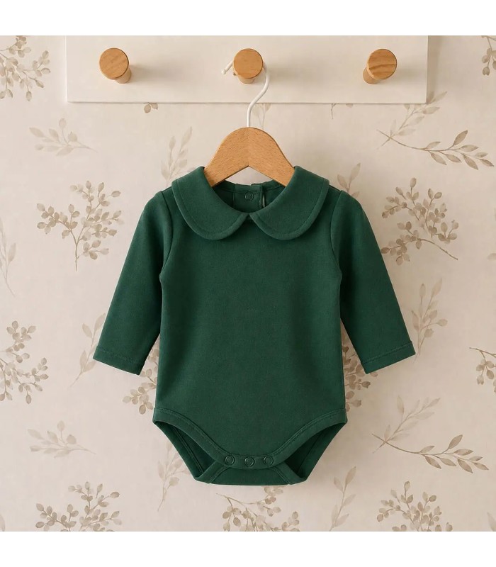 body bebé verde cuello clásico manga larga algodón elastano elegante cómodo