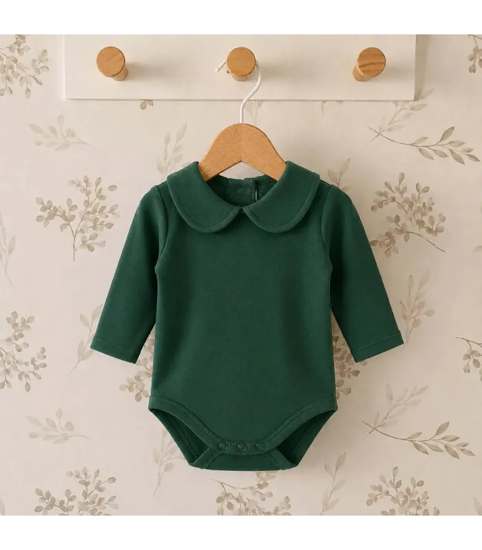 body bebé verde cuello clásico manga larga algodón elastano elegante cómodo