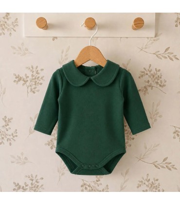 body bebé verde cuello clásico manga larga algodón elastano elegante cómodo