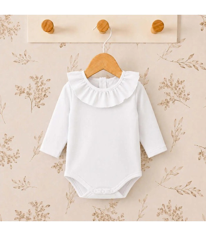 body bebé blanco volante manga larga algodón elastano elegante cómodo